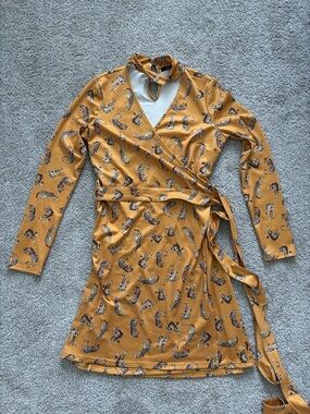 Leopard Print Mustard Wrap Dress with Choker Detail